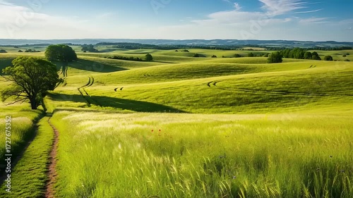 Serene scenic countryside landscape with vibrant green fields under a bright blue sky