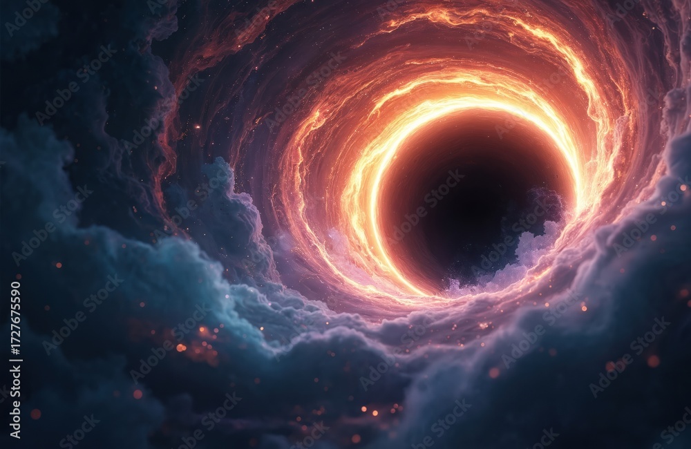 Fototapeta premium Deep space vortex with glowing ring and dark center. Cosmic clouds swirl around immense gravitational pull. Stars sparkle in the vast abyss of the unknown universe.