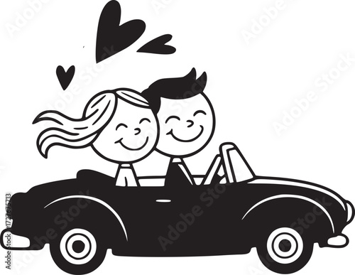 Romantic Ride: A charming couple embarks on a delightful journey in a classic car, their faces lit with happiness, accompanied by symbols of love floating gently above. 