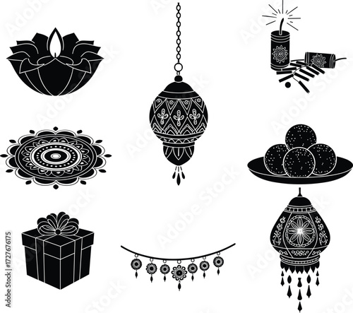 Diwali festival vector illustration, diya lamp, lantern, rangoli, sweets, candle, fireworks, gift box, ornaments, traditional celebration, decorative