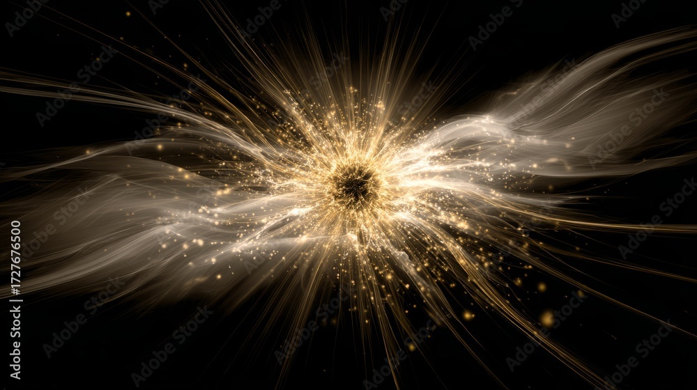Obraz premium An explosive abstract corona of golden and white energy erupting from a dark center, sending out waves of luminous particles.
