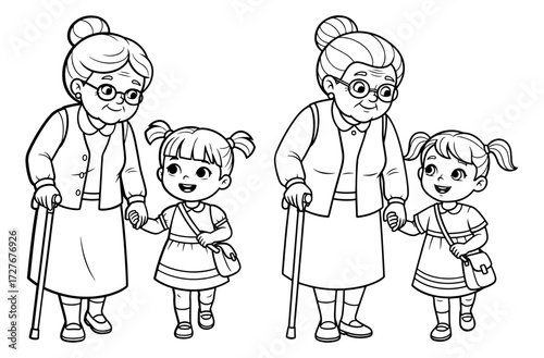 Vector art of grandmother and granddaughter walking together, a sweet coloring page