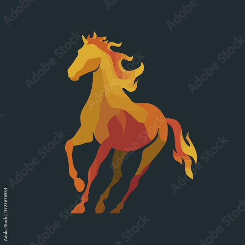 Abstract illustration of a running horse, depicted in shades of orange and yellow, resembling fire