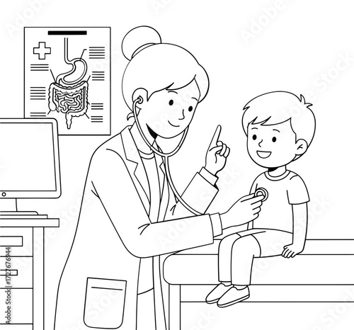 Illustration of a doctor examining a child, coloring page style