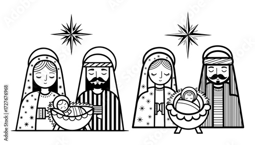 Illustration of a nativity scene, coloring page style, with mary and joseph