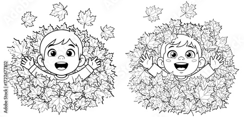 Vector art of two happy boys playing in a pile of autumn leaves coloring page