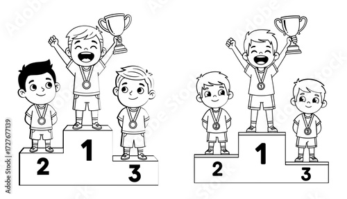 Illustration of children on a podium and winning a trophy