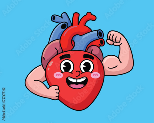 Cartoon strong heart flexing bicep