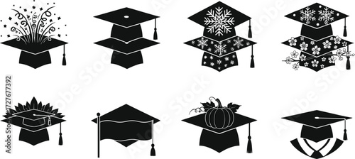 Graduation cap icons, seasonal academic celebration, winter snowflakes, spring cherry blossoms, summer sun diploma, autumn pumpkin, patriotic flag, festive fireworks, honor stole
