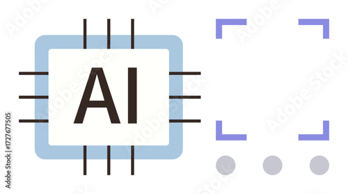 AI chip with microprocessor lines connected to a digital analysis frame and processing dots. Ideal for technology, innovation, artificial intelligence, machine learning, data analysis, automation