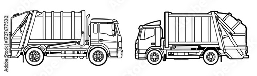Vector art of garbage truck, side view of waste management vehicle, vector line art illustration