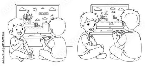 Vector art of two boys playing video game, cartoon character line art vector illustration