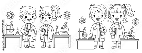 Vector art of two little students in lab coats standing near tables with flasks