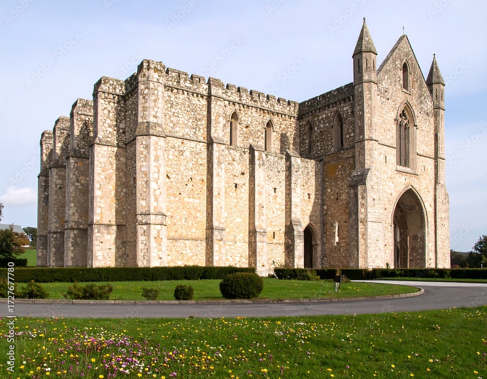 Fototapeta premium Exterior of a large, light-beige stone church with manicured grounds