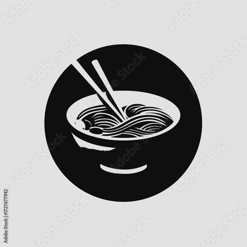Black & white illustration of noodles in a bowl with chopsticks, in a circle