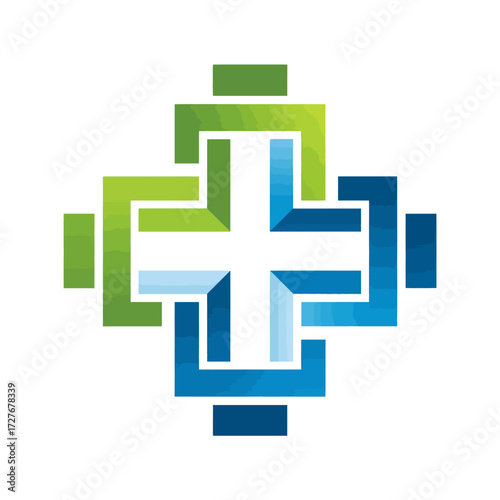 Abstract cross design featuring interwoven green and blue elements, against a white background