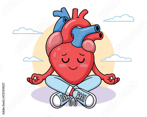 Cartoon heart meditating in lotus pose