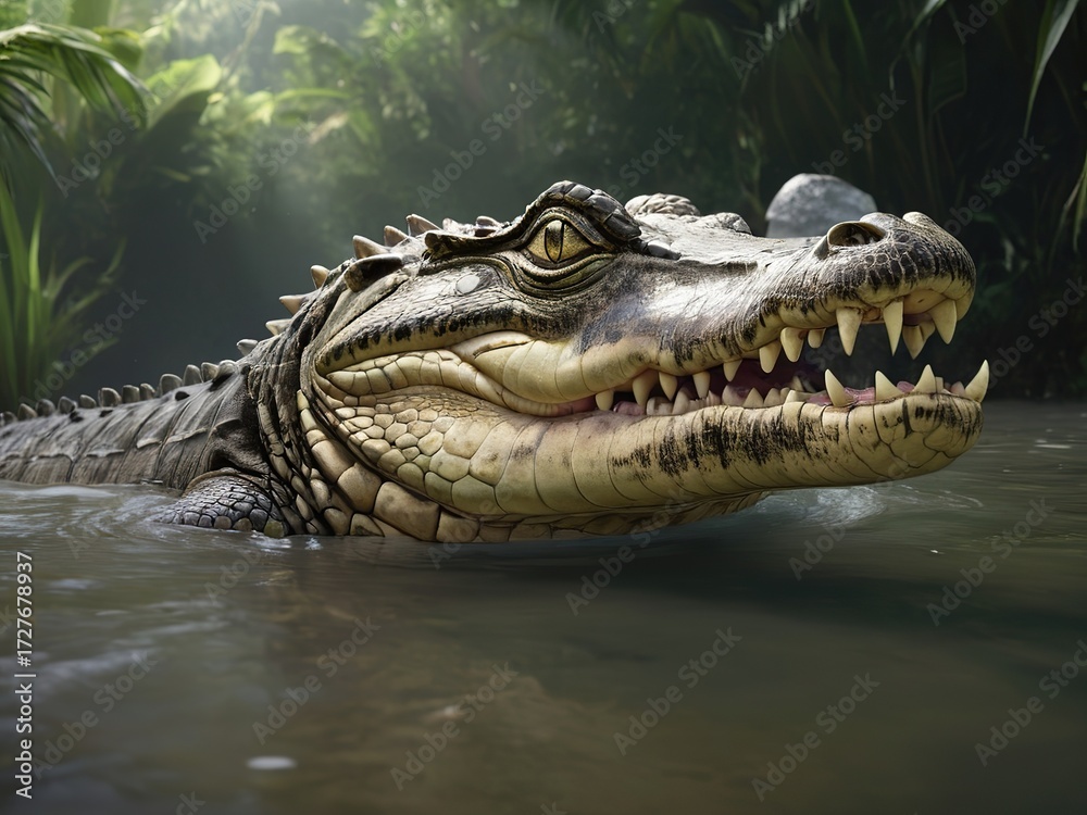 Fototapeta premium Crocodile Head Emerging from Swamp Water, Realistic Alligator with Open Jaws Portrait