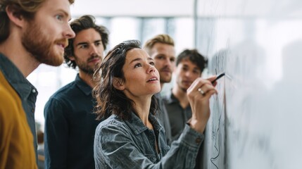 diverse group of focused businesspeople brainstorming together on a whiteboard during a strategy session in a bright modern office no logos no brands ar 169