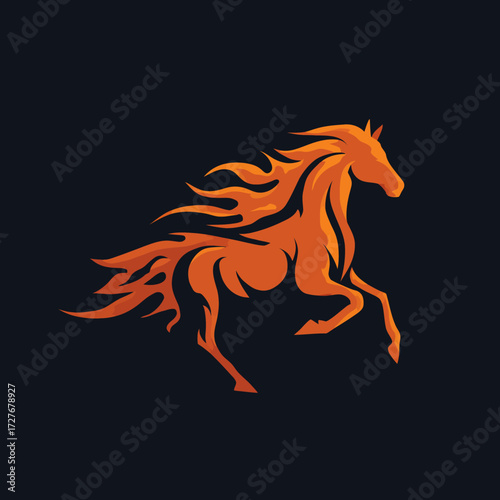 Stylized fiery orange horse leaps forward on a dark blue, near-black background