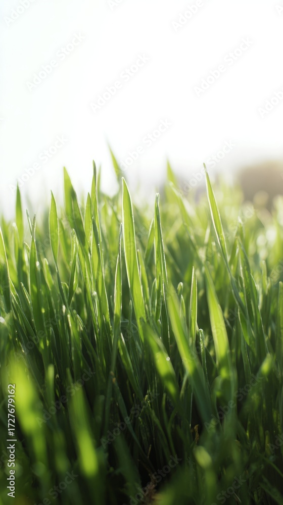 Obraz premium shallow. Fresh spring grass blades highlighted by sunlight with a soft, blurred effect. travel magazines, destination branding, designed for outdoor magazines and nature guides. 