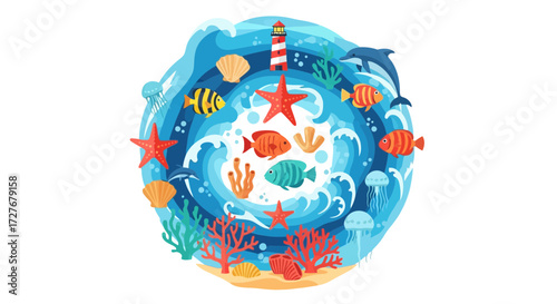 Marine Life And Ocean Wave Illustration