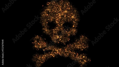 Golden Scull frame, gold flame from scull form, golden particles, golden border, Alpha Channel Loop Background