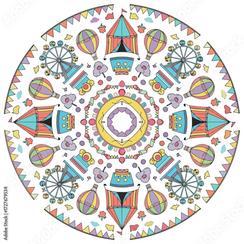 Colorful circular mandala design featuring carnival and circus elements, including tents, hot air balloons, and Ferris wheels.
