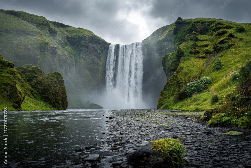 Fototapeta premium Majestic waterfall cascading down green hills