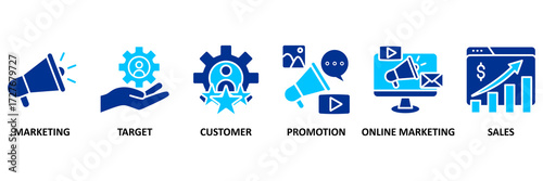 Advertising Icon set vector illustration concept with icon of marketing, target, customer, promotion, online marketing, and sales