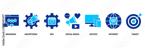 Digital marketing icon set vector illustration concept with icon of Branding, Advertising, Seo Marketing, Social Media, Electronic Devices, Internet, Target.