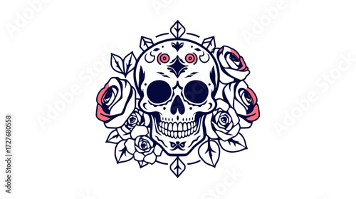 Ornate sugar skull design, surrounded by roses and floral details, in a graphic style.