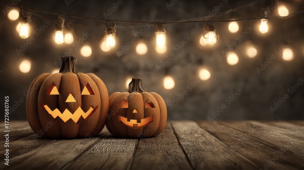 Fototapeta premium two carved pumpkins with lit faces sit on a wood surface amid a string of lights and background bokeh