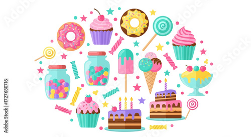 A colorful collection of cartoon sweets and desserts, including cake, donuts, ice cream, and cupcakes, arranged in a festive oval shape.