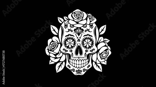Ornate sugar skull design, adorned with roses and floral details, on a black background.
