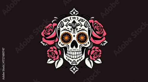 Ornate sugar skull with floral accents, featuring roses and decorative patterns, set against a dark background.