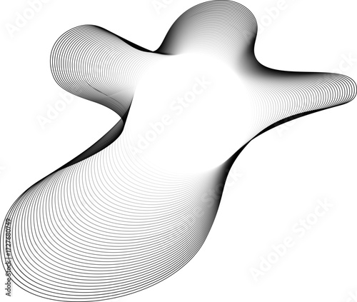 Vector shape with a circular center that glows with increasing opacity and is surrounded by an asymmetrical fluid contour formed by layered wavy lines.