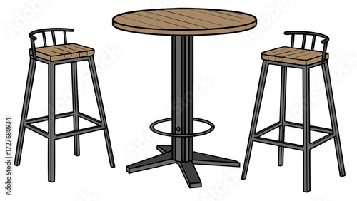 round pub table with bar stools set for dining kitchen and restaurant furniture design isolated on white background.