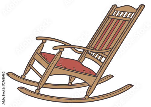 wooden rocking chair with red cushion illustration for furniture home decor and comfort design and isolated on white background.