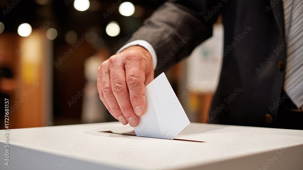 Obraz premium Casting a vote. Citizen places a ballot in the box. The act represents civic duty, democratic process, and participating in election choices for government.
