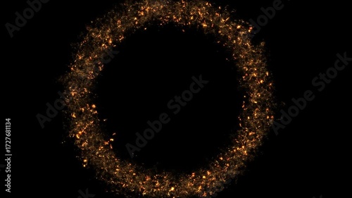 Golden circle, frame, gold flame from circle form, golden particles, golden border, Alpha Channel Loop Background