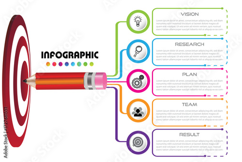 Colorful business infographic with pencil hitting a target, showing five stages: vision, research, plan, team, and result, ideal for workflow, strategy, and success presentations.