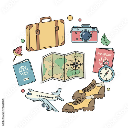 A circular illustration showcasing various travel essentials and accessories, ready for a journey.
