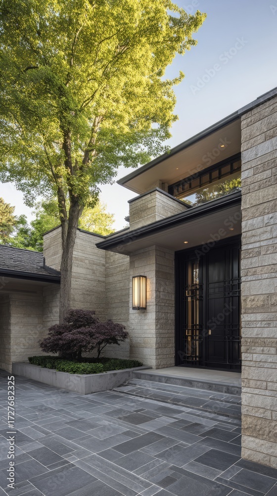 Fototapeta premium facade. Modern residential architecture with clean lines, bathed in neutral tones under daylight. real-estate listings. 