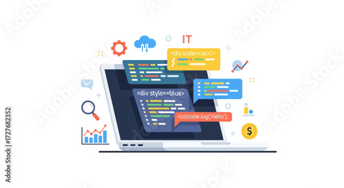 Laptop Displaying Programming Code and IT Development Icons.