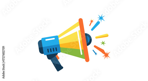 A colorful vector illustration of a megaphone or bullhorn making a loud announcement with festive sparks.