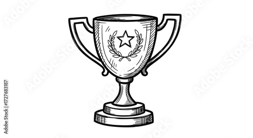 Hand-drawn sketch of a classic winners trophy cup with a star and laurel wreath emblem.