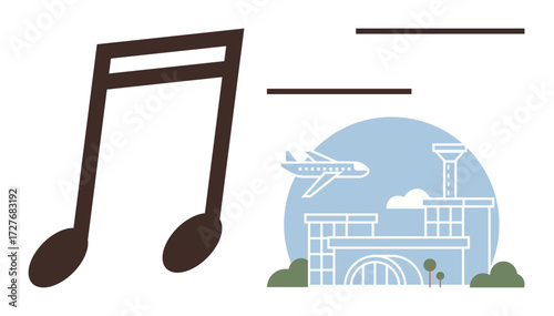 Large music notes paired with an airport terminal, plane, and control tower, suggesting harmony and travel. Ideal for music, travel, creativity, aviation, global communication art abstract ideas