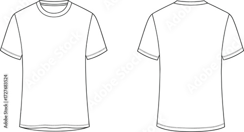 Basic t-shirt technical flat sketch, fashion CAD drawing, vector illustration, apparel design template, front and back view, clothing design, casual wear, menswear fashion