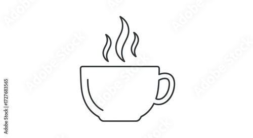 Simple black line art icon of a steaming hot coffee or tea cup.